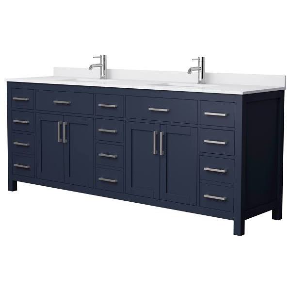 Wyndham Beckett 84" Dark Blue Double Vanity, White Marble Top, Nickel Trim