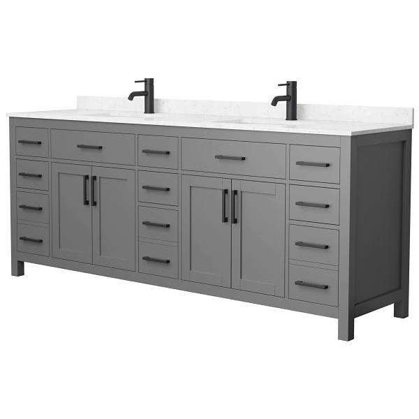 Wyndham Beckett 84" Dark Gray Double Vanity, Carrara Marble Top, Black Trim
