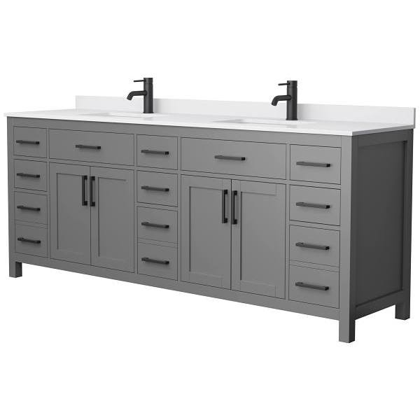 Wyndham Beckett 84" Dark Gray Double Vanity, White Marble Top, Black Trim