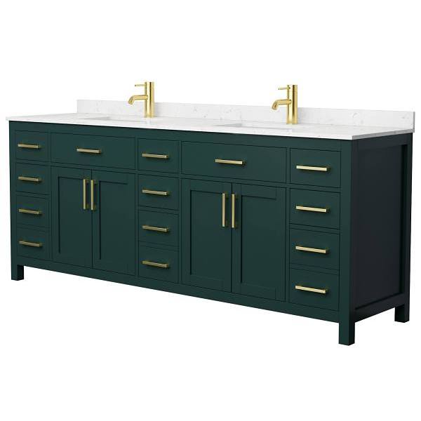 Wyndham Beckett 84" Green Double Vanity, Carrara Marble Top, Gold Trim