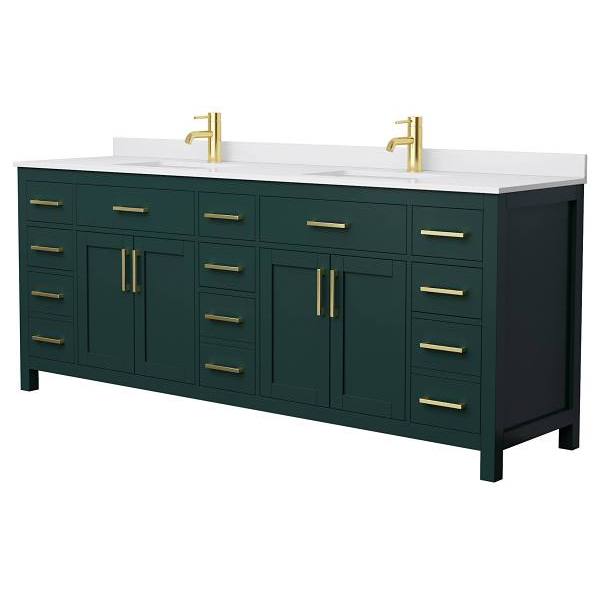 Wyndham Beckett 84" Green Double Vanity, White Marble Top, Gold Trim