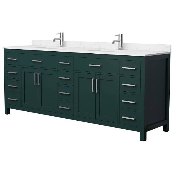 Wyndham Beckett 84" Green Double Vanity, Carrara Marble Top, Nickel Trim