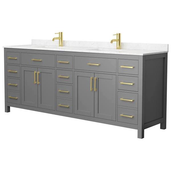Wyndham Beckett 84" Dark Gray Double Vanity, Carrara Marble Top, Gold Trim
