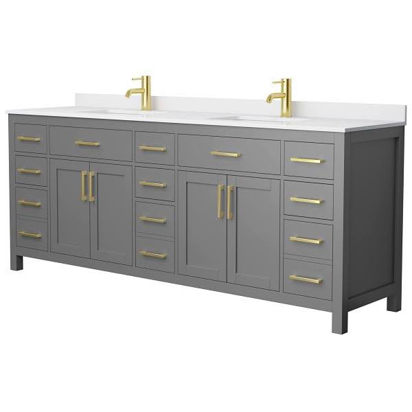Wyndham Beckett 84" Dark Gray Double Vanity, White Marble Top, Gold Trim