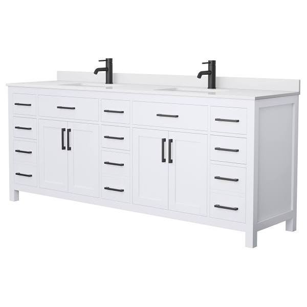 Wyndham Beckett 84" White Double Vanity, White Marble Top, Black Trim