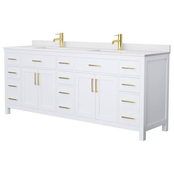 Wyndham Beckett 84" White Double Vanity, White Marble Top, Gold Trim