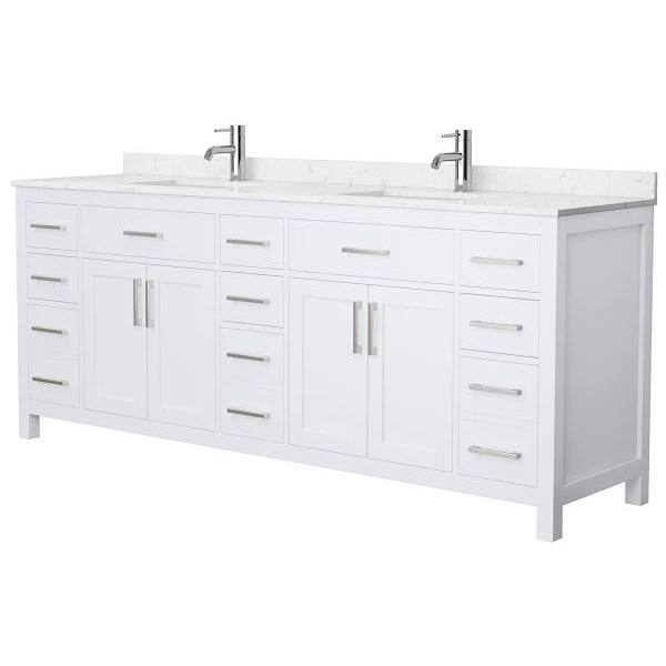 Wyndham Beckett 84" White Double Vanity, Carrara Marble Top