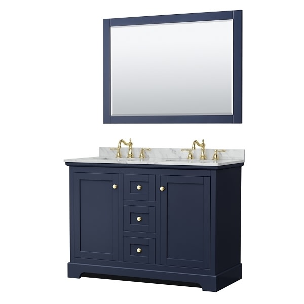 Wyndham Avery 48" Dark Blue Double Vanity, Carrara Marble, Oval Sinks, Mirror