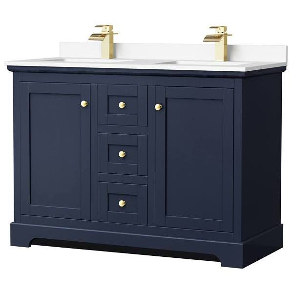 Wyndham Avery 48" Dark Blue Double Vanity, White Marble Top