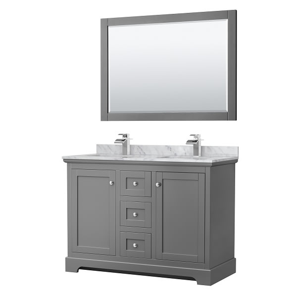 Wyndham Avery 48" Dark Gray Double Vanity, Carrara Marble, Square Sinks, Mirror