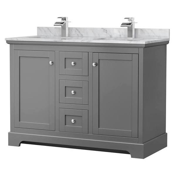 Wyndham Avery 48" Dark Gray Double Vanity, Carrara Marble Top, Square Sinks