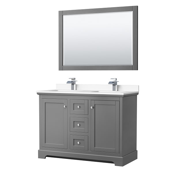 Wyndham Avery 48" Dark Gray Double Vanity, White Marble Top, 46" Mirror