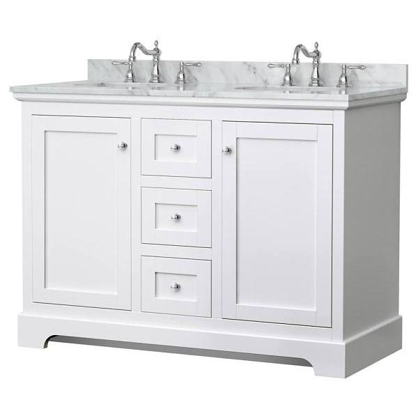 Wyndham Avery 48" White Double Vanity, Carrara Marble Top, Oval Sinks