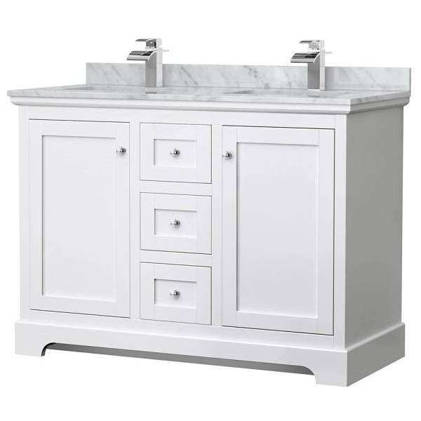 Wyndham Avery 48" White Double Vanity, Carrara Marble Top, Square Sinks