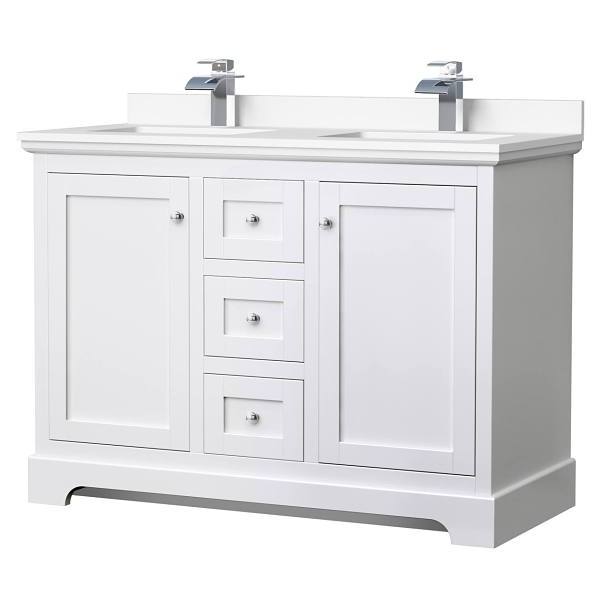 Wyndham Avery 48" White Double Vanity, White Marble Top