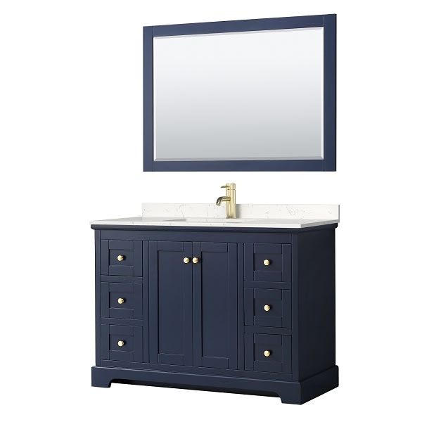 Wyndham Avery 48" Dark Blue Single Vanity, Carrara Marble Top, 46" Mirror