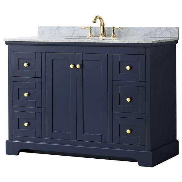 Wyndham Avery 48" Dark Blue Single Vanity, Carrara Marble Top, Oval Sink