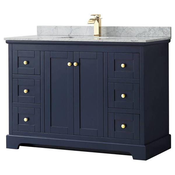 Wyndham Avery 48" Dark Blue Single Vanity, Carrara Marble Top, Square Sink