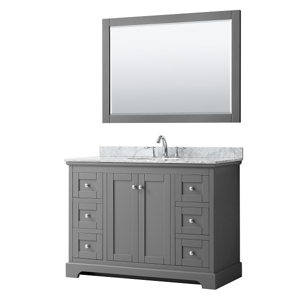 Wyndham Avery 48" Dark Gray Single Vanity, Carrara Marble, Oval Sink, 46" Mirror