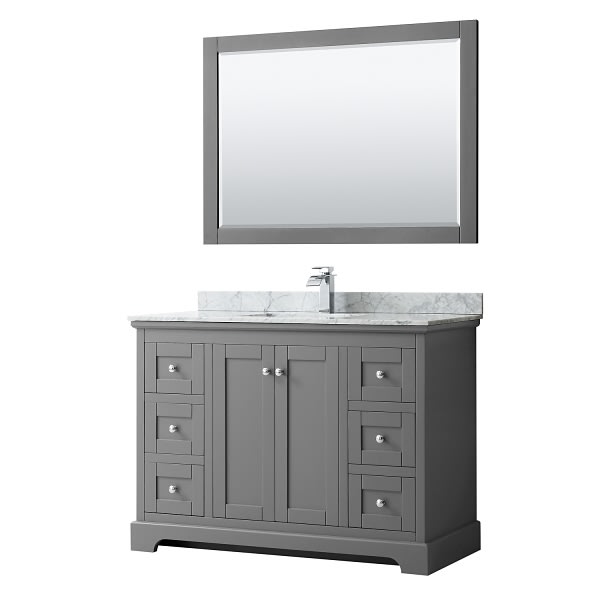 Wyndham Avery 48" Dark Gray Single Vanity, Carrara Marble, Square Sink, Mirror