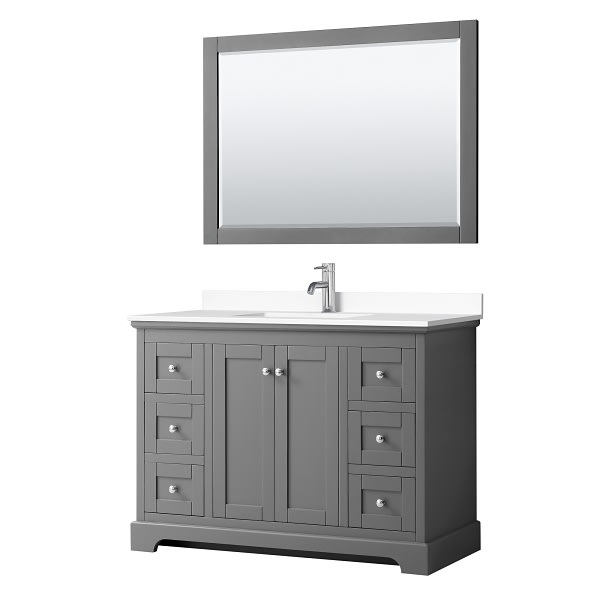 Wyndham Avery 48" Dark Gray Single Vanity, White Marble Top, 46" Mirror