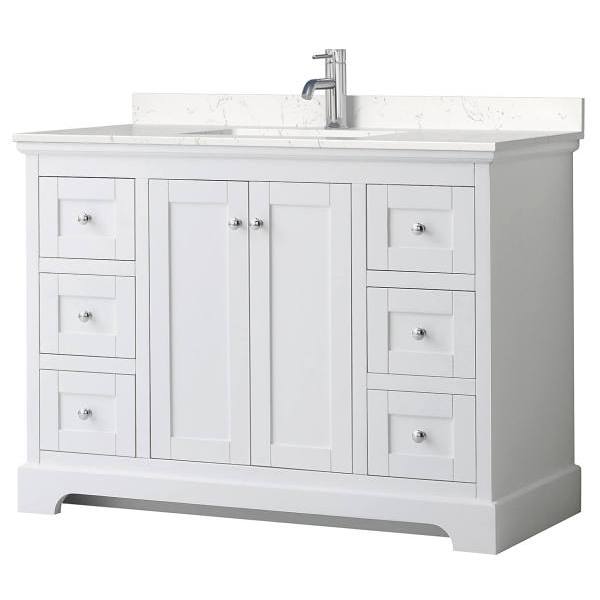 Wyndham Avery 48" White Single Vanity, Carrara Marble Top