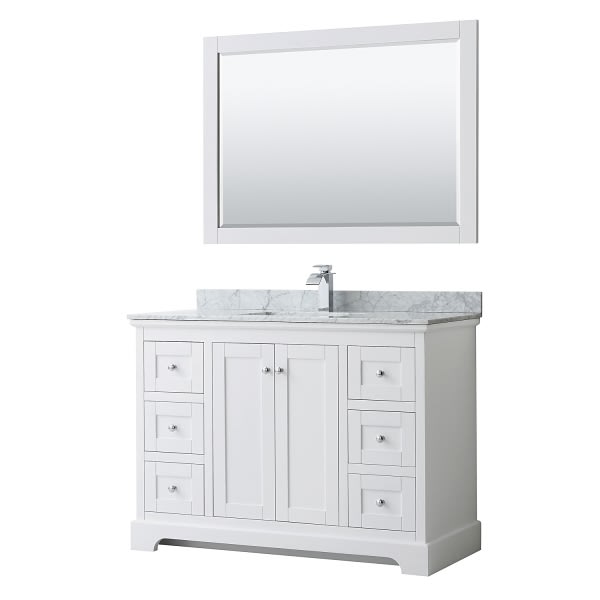 Wyndham Avery 48" White Single Vanity, Carrara Marble, Square Sink, 46" Mirror