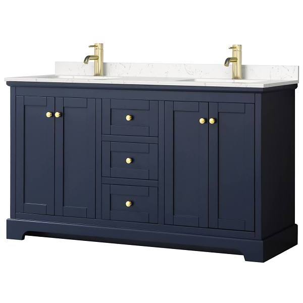 Wyndham Avery 60" Dark Blue Double Vanity, Carrara Marble Top