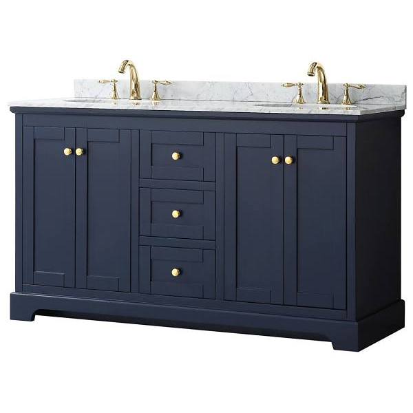 Wyndham Avery 60" Dark Blue Double Vanity, Carrara Marble Top, Oval Sinks