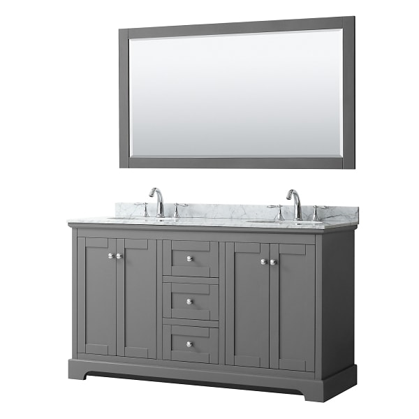 Wyndham Avery 60" Dark Gray Double Vanity, Carrara Marble, Oval Sinks, Mirror