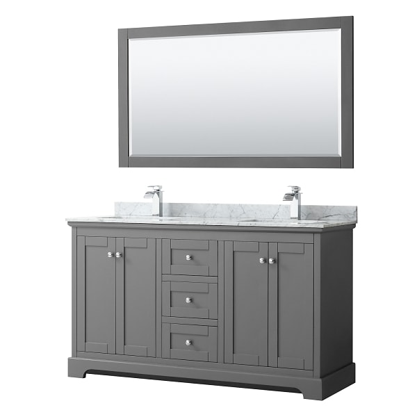 Wyndham Avery 60" Dark Gray Double Vanity, Carrara Marble, Square Sinks, Mirror