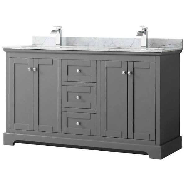 Wyndham Avery 60" Dark Gray Double Vanity, Carrara Marble Top, Square Sinks