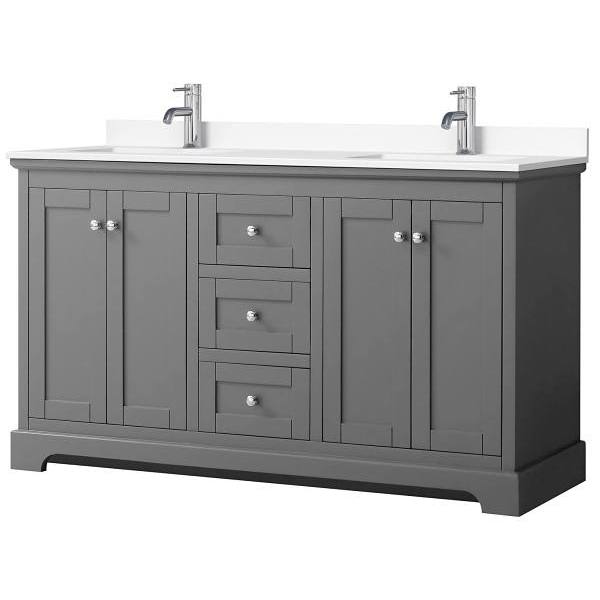 Wyndham Avery 60" Dark Gray Double Vanity, White Marble Top