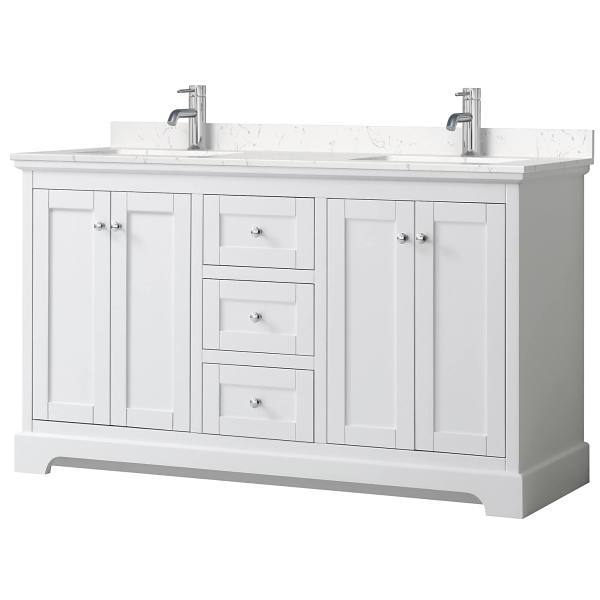 Wyndham Avery 60" White Double Vanity, Carrara Marble Top