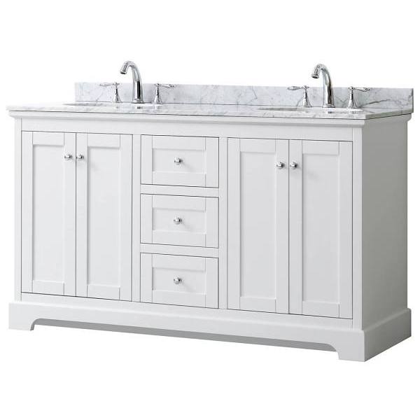Wyndham Avery 60" White Double Vanity, Carrara Marble Top, Oval Sinks