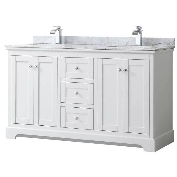Wyndham Avery 60" White Double Vanity, Carrara Marble Top, Square Sinks