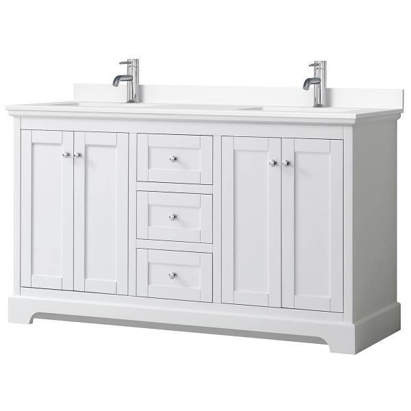 Wyndham Avery 60" White Double Vanity, White Marble Top