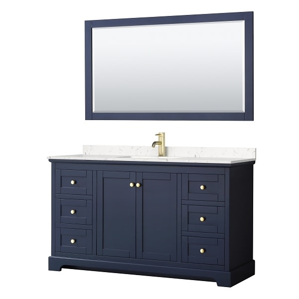 Wyndham Avery 60" Dark Blue Single Vanity, Carrara Marble Top, 58" Mirror