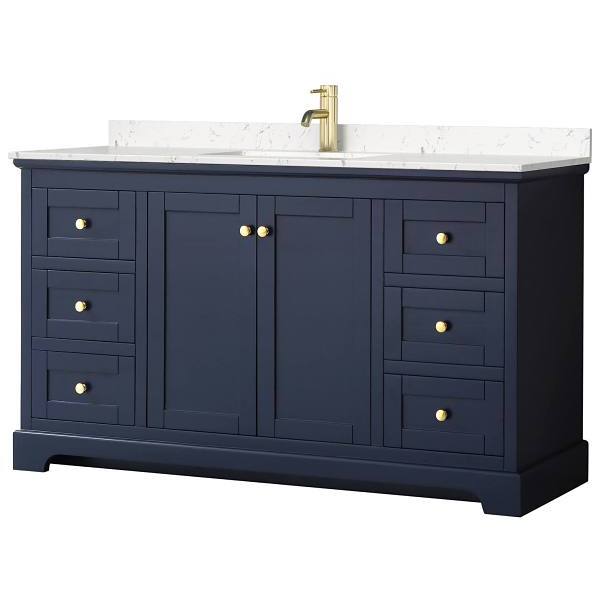 Wyndham Avery 60" Dark Blue Single Vanity, Carrara Marble Top