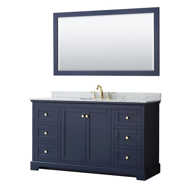 Wyndham Avery 60" Dark Blue Single Vanity, Carrara Marble, Oval Sink, 58" Mirror