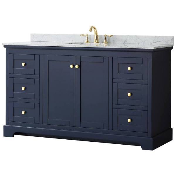 Wyndham Avery 60" Dark Blue Single Vanity, Carrara Marble Top, Oval Sink