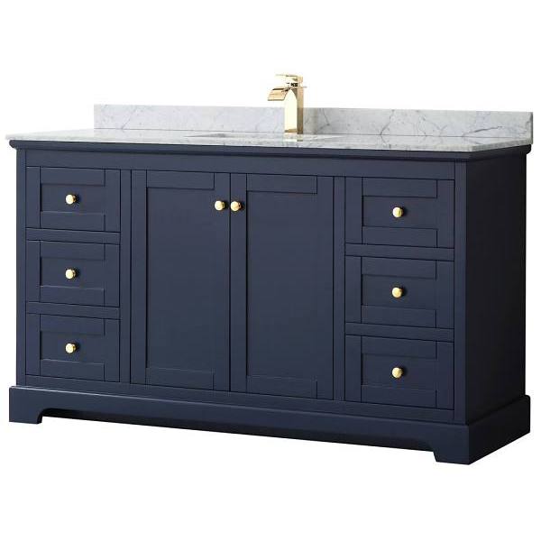 Wyndham Avery 60" Dark Blue Single Vanity, Carrara Marble Top, Square Sink