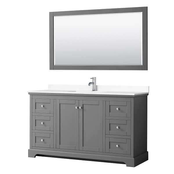 Wyndham Avery 60" Dark Gray Single Vanity, White Marble Top, 58" Mirror