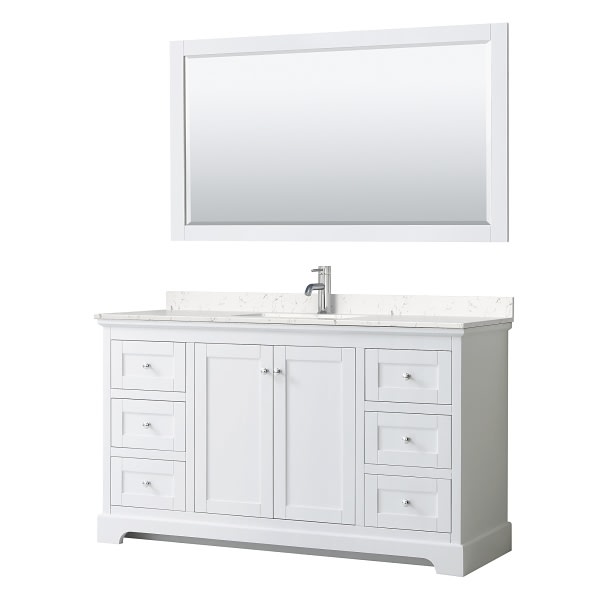 Wyndham Avery 60" White Single Vanity, Carrara Marble Top, 58" Mirror