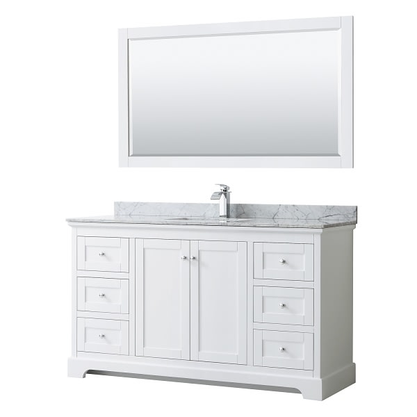 Wyndham Avery 60" White Single Vanity, Carrara Marble, Square Sink, 58" Mirror
