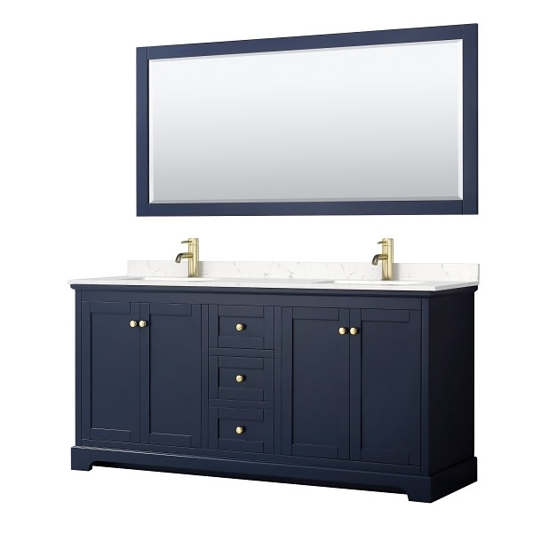 Wyndham Avery 72" Dark Blue Double Vanity, Carrara Marble Top, 70" Mirror
