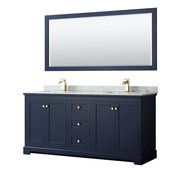 Wyndham Avery 72" Dark Blue Double Vanity, Carrara Marble, Square Sinks, Mirror