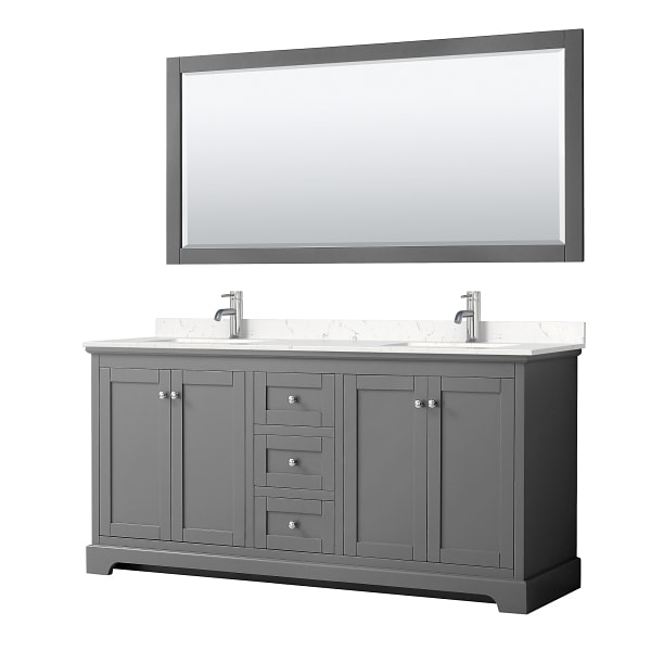 Wyndham Avery 72" Dark Gray Double Vanity, Carrara Marble Top, 70" Mirror
