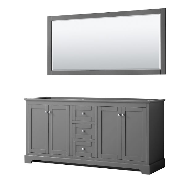 Wyndham Avery 72" Dark Gray Double Vanity, No Countertop, No Sinks, 70" Mirror