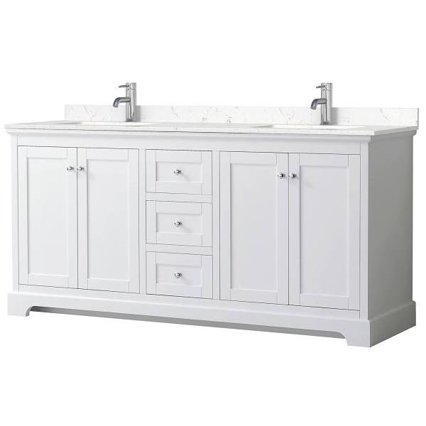 Wyndham Avery 72" White Double Vanity, Carrara Marble Top